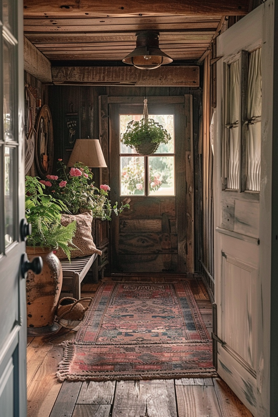 Cozy rustic hallway with wooden walls, a hanging plant, a vintage lamp, and a floral-patterned rug leading to a window with garden view.