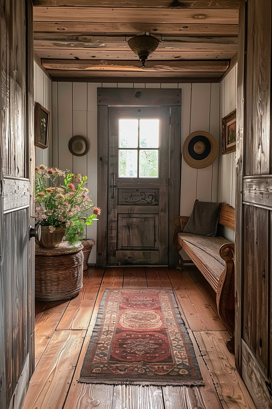 Cozy rustic hallway with wooden floors and walls, a floral arrangement near the door, a vintage bench, and an ornate rug.
