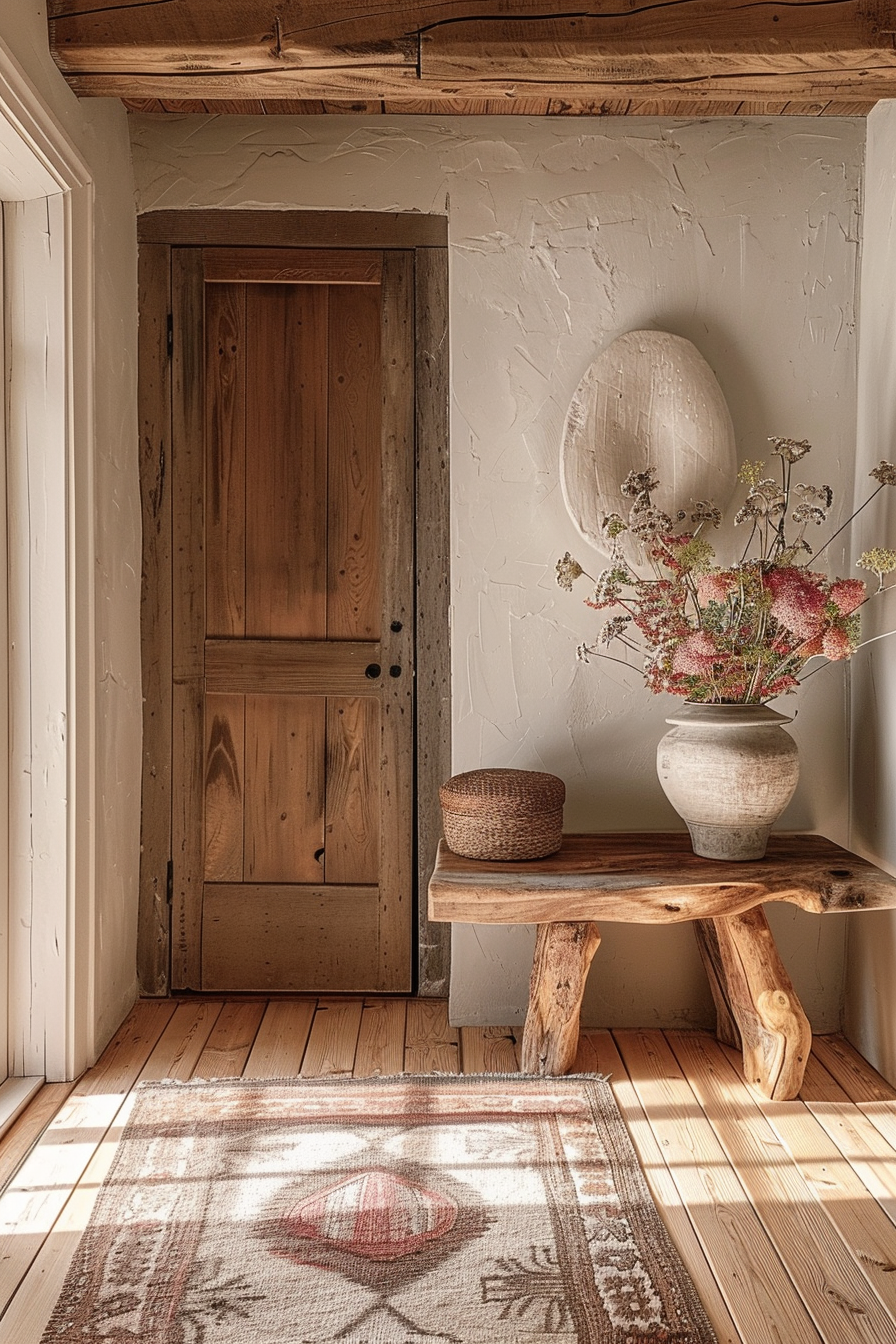 Cozy rustic interior corner with wooden bench, vase with dried flowers, woven basket, textured walls, and wooden door, bathed in warm sunlight.