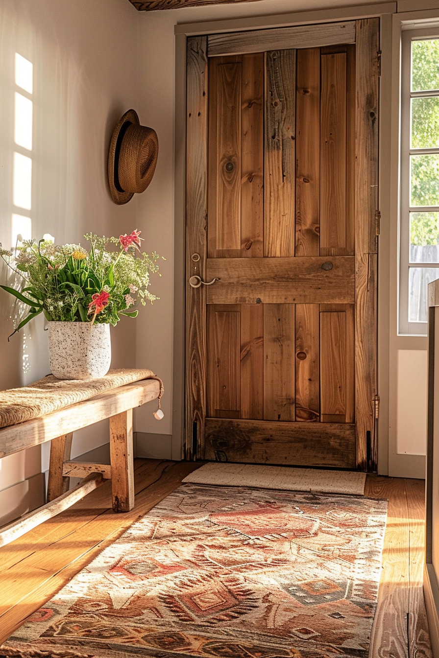 Cozy rustic interior with a wooden door, straw hat on the wall, bench and flowers, with warm sunlight casting shadows.