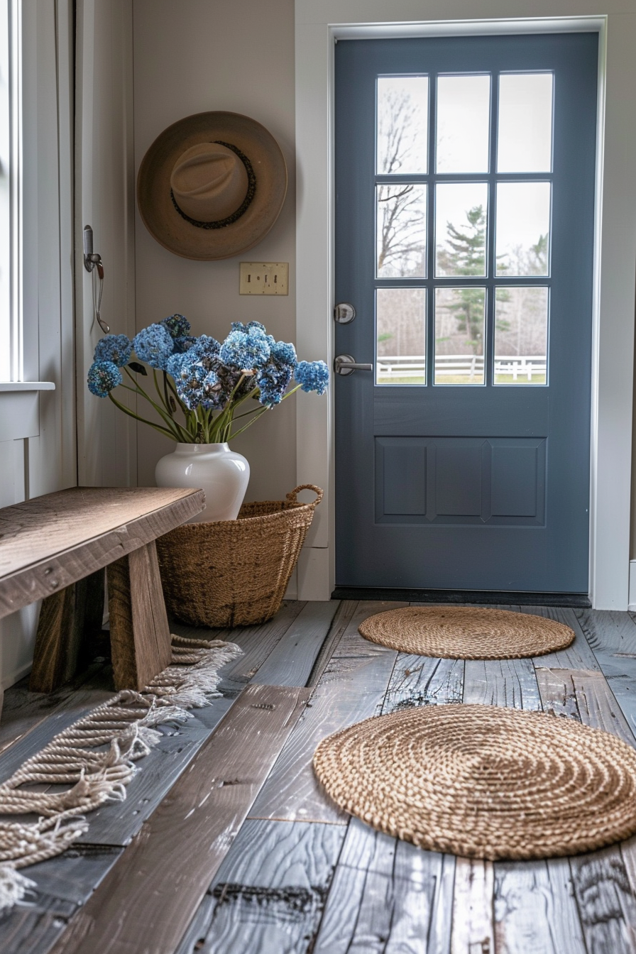 A cozy entryway with a blue door featuring glass panes, a wooden bench, straw hats, baskets, and a vase of blue hydrangeas on a rustic floor.