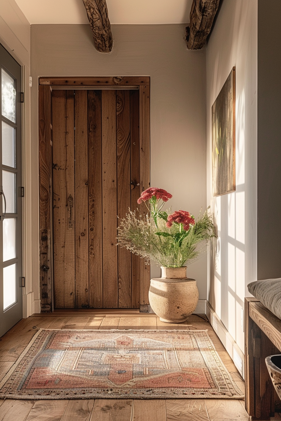 Cozy corner with a wooden door, rustic pot with flowers, vintage rug, and warm sunlight casting shadows on the wall.