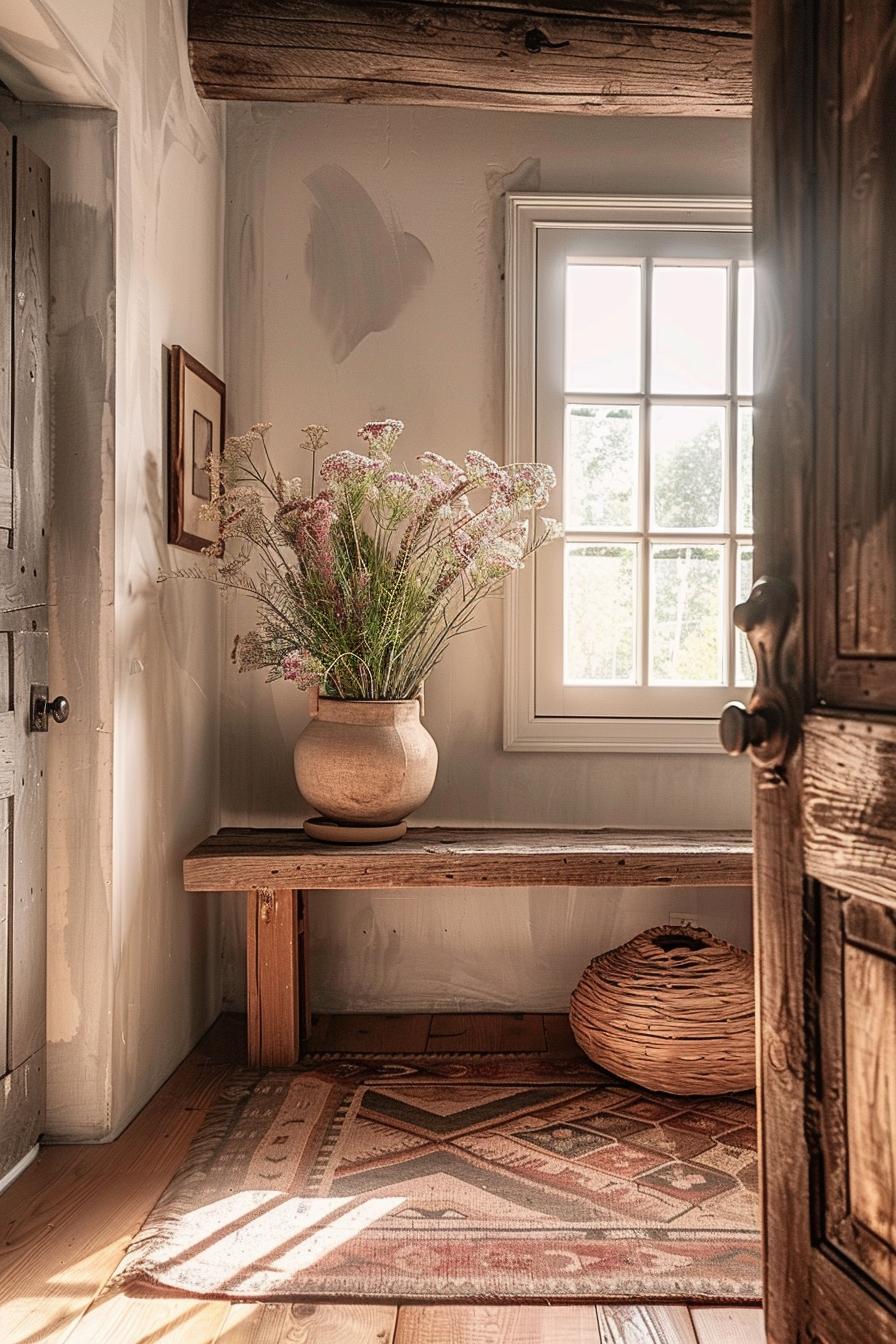 Rustic interior corner with a vase of wildflowers on a wooden bench, a woven basket on the floor, and sunlight streaming through a window.