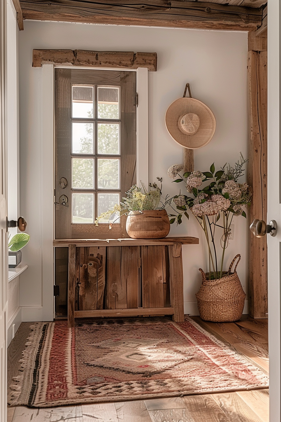 Cozy rustic corner with a wooden bench, patterned rug, straw hat on wall, and a flower arrangement by a window letting in sunlight.