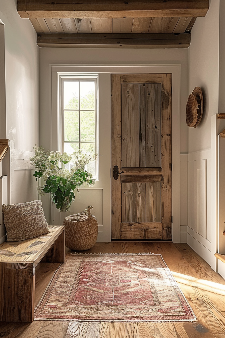 A cozy room corner with a rustic wooden door, window, woven basket, patterned rug, cushioned bench, and hanging wall decor.