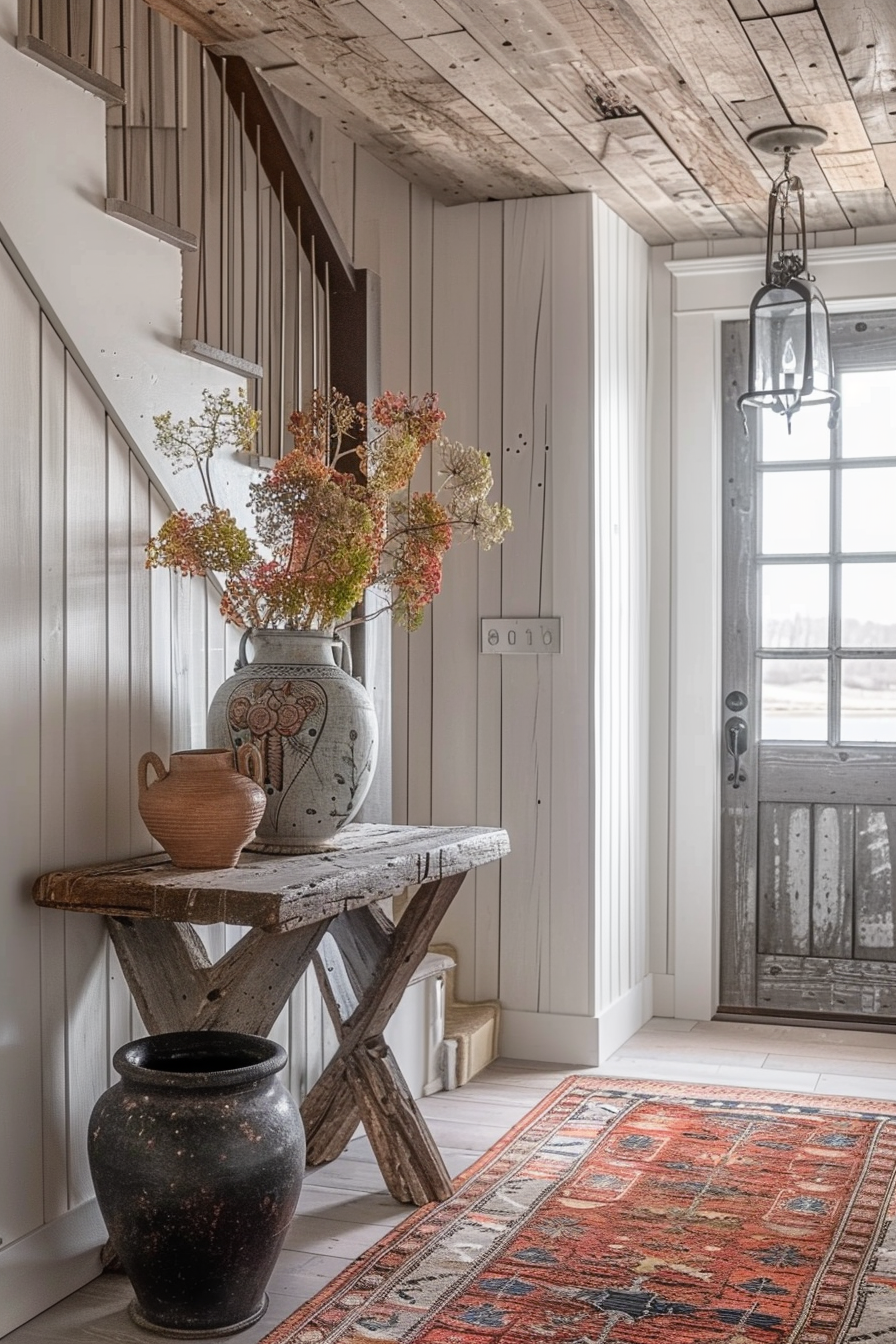 A rustic entryway featuring a weathered bench with vases, dried flowers, and a vintage lantern hanging above, beside a paneled staircase.