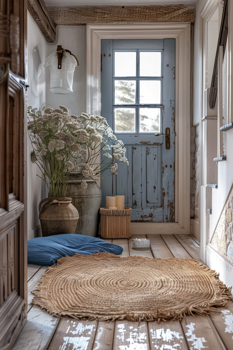 Cozy hallway with a distressed blue door, round jute rug, white flowers in a vase, and decorative items creating a rustic ambiance.