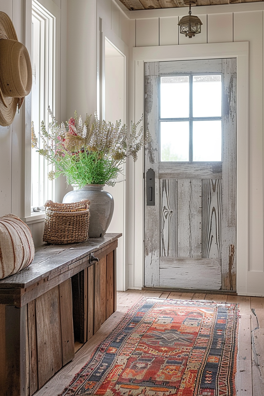 Rustic home entryway with weathered wooden door, vintage console table, woven hat, colorful rug, and vase of wildflowers.