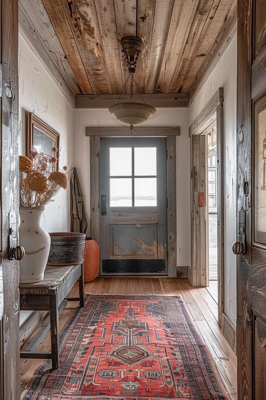 Rustic hallway with weathered wooden ceiling, doors, and floor, a vintage lantern, red patterned rug, and decorative vase with dried flowers.