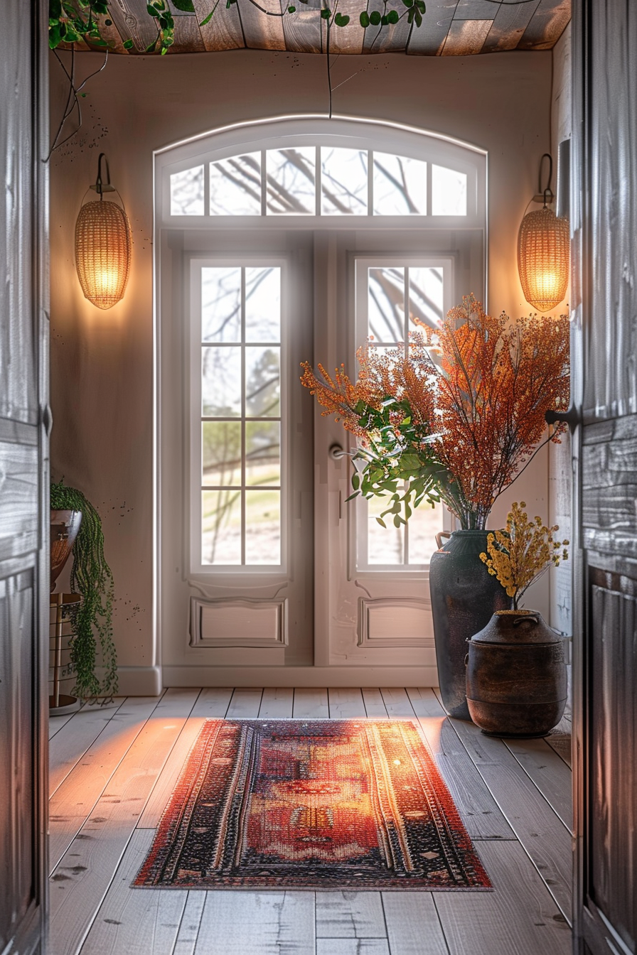 Cozy entryway with patterned rug, pendant lights, plants, and a bright transom window above the front door.