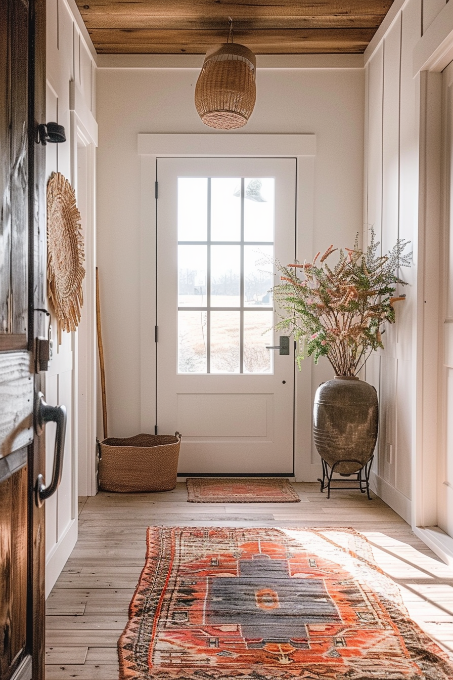 Cozy entryway with wooden ceiling, white door, wicker light fixture, colorful rug on the floor, and large vase with greenery.