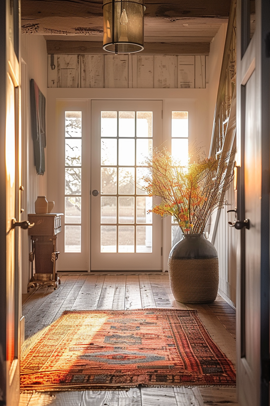Warm sunlight filters through a rustic home entryway, highlighting a colorful rug, a vase of flowers, and a welcoming open door.