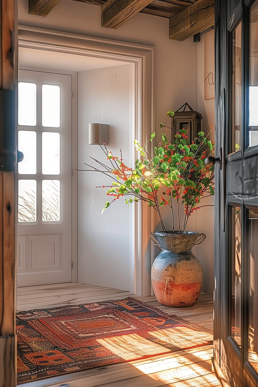 Warm sunlight streams through a rustic doorway onto an ornate rug and a large vase with red and green flowering branches.