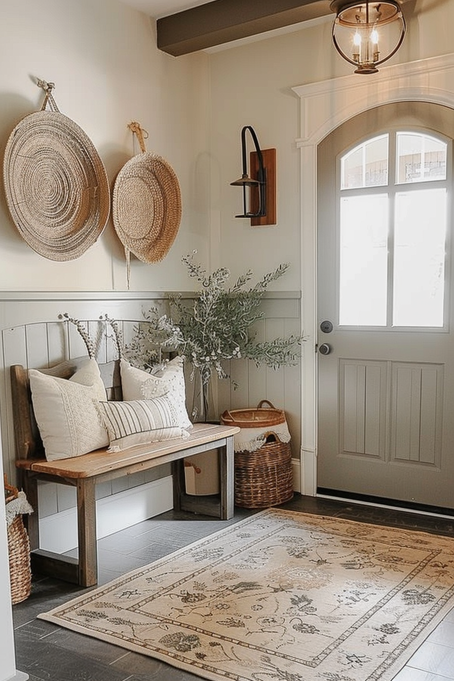 ALT: Cozy entryway with a wooden bench, decorative pillows, straw hats on the wall, a lantern-style light fixture, and a vintage patterned rug.