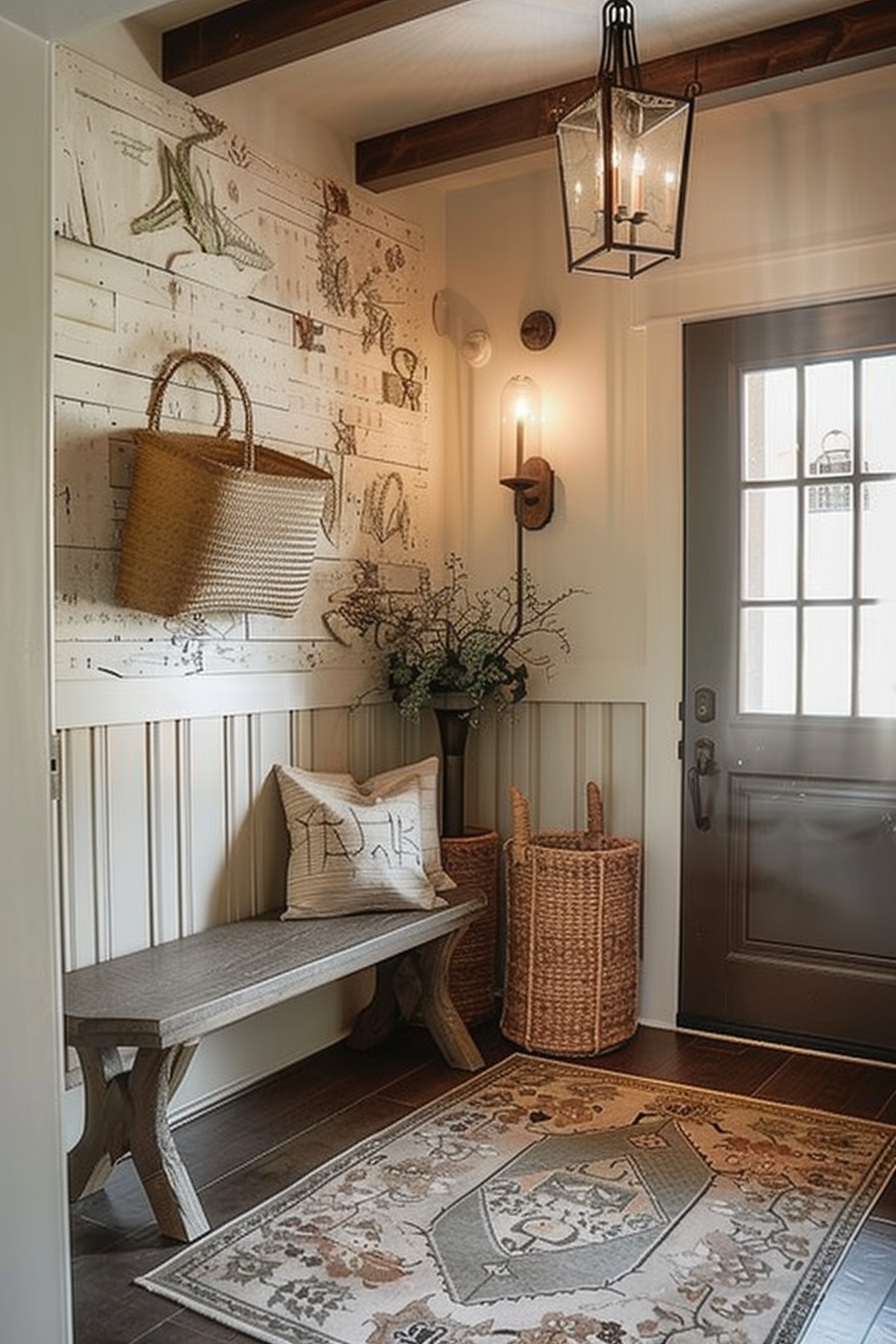 Rustic entryway with bench, patterned wall, wicker baskets, hanging lantern, and ornate rug.