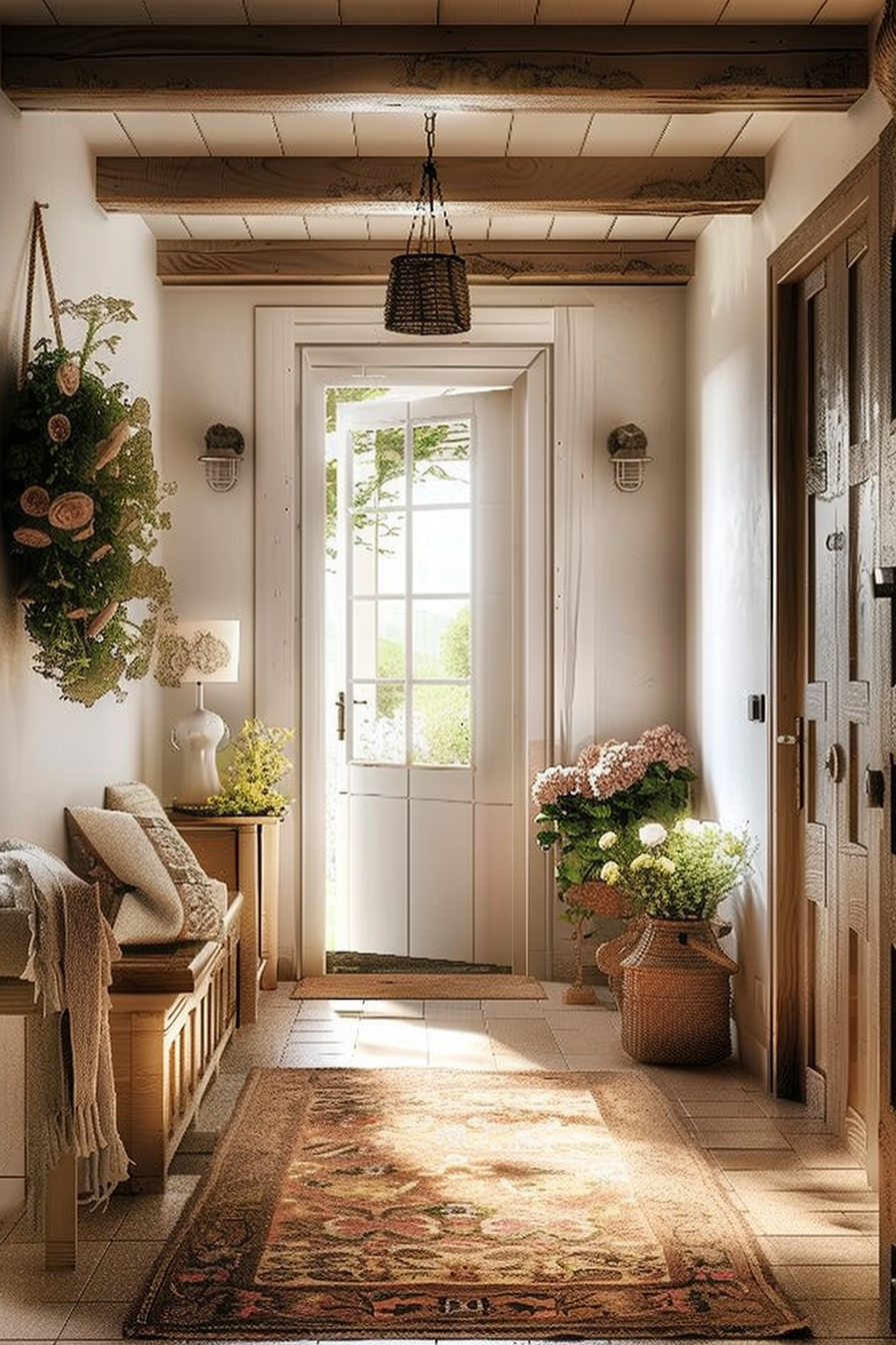 Warmly lit entryway with a white door, floral arrangements, rustic bench, decorative rug, and wooden ceiling beams.
