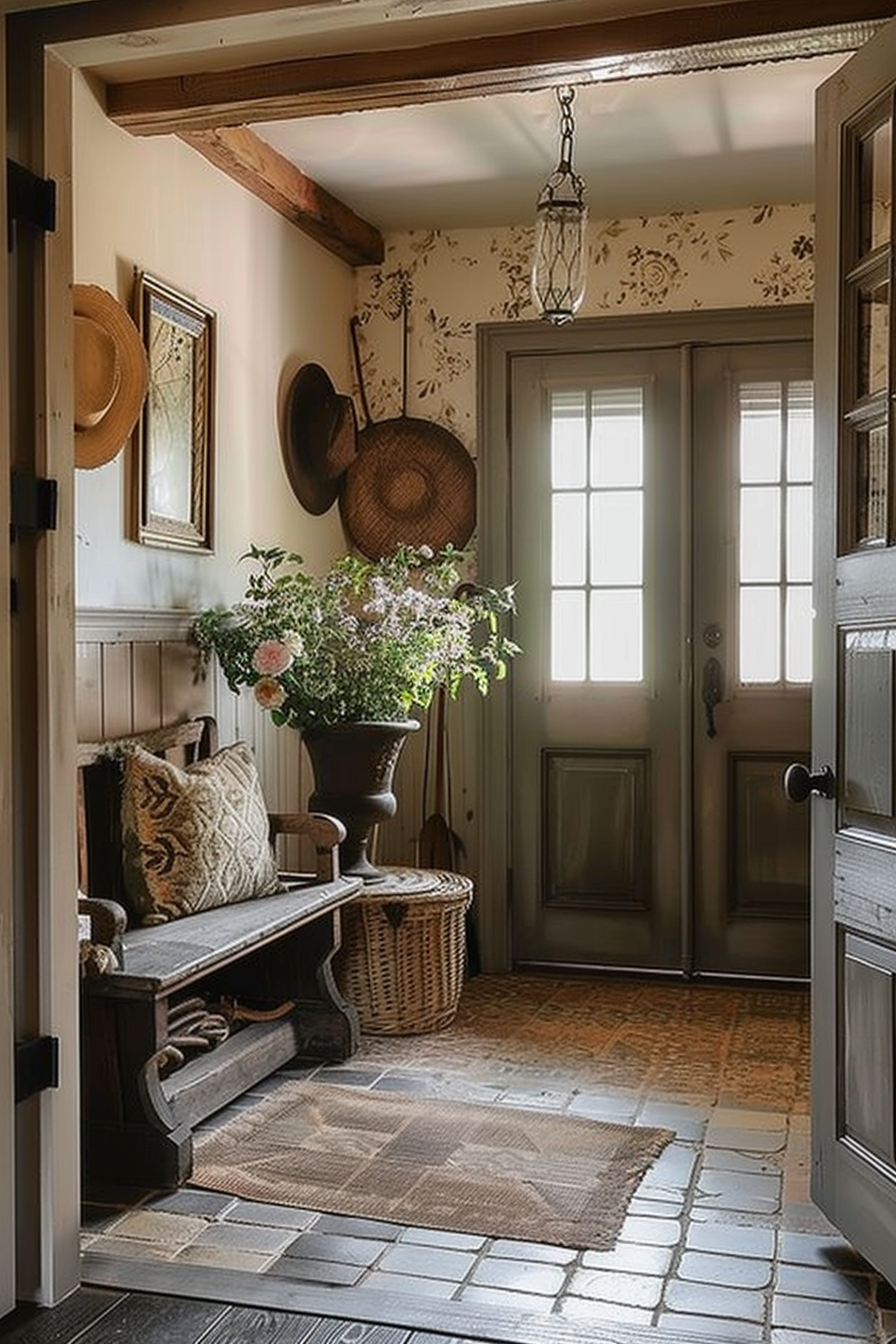 Cozy entryway with rustic wooden bench, straw hats on wall, floral wallpaper, hanging lantern, and double doors with windows.
