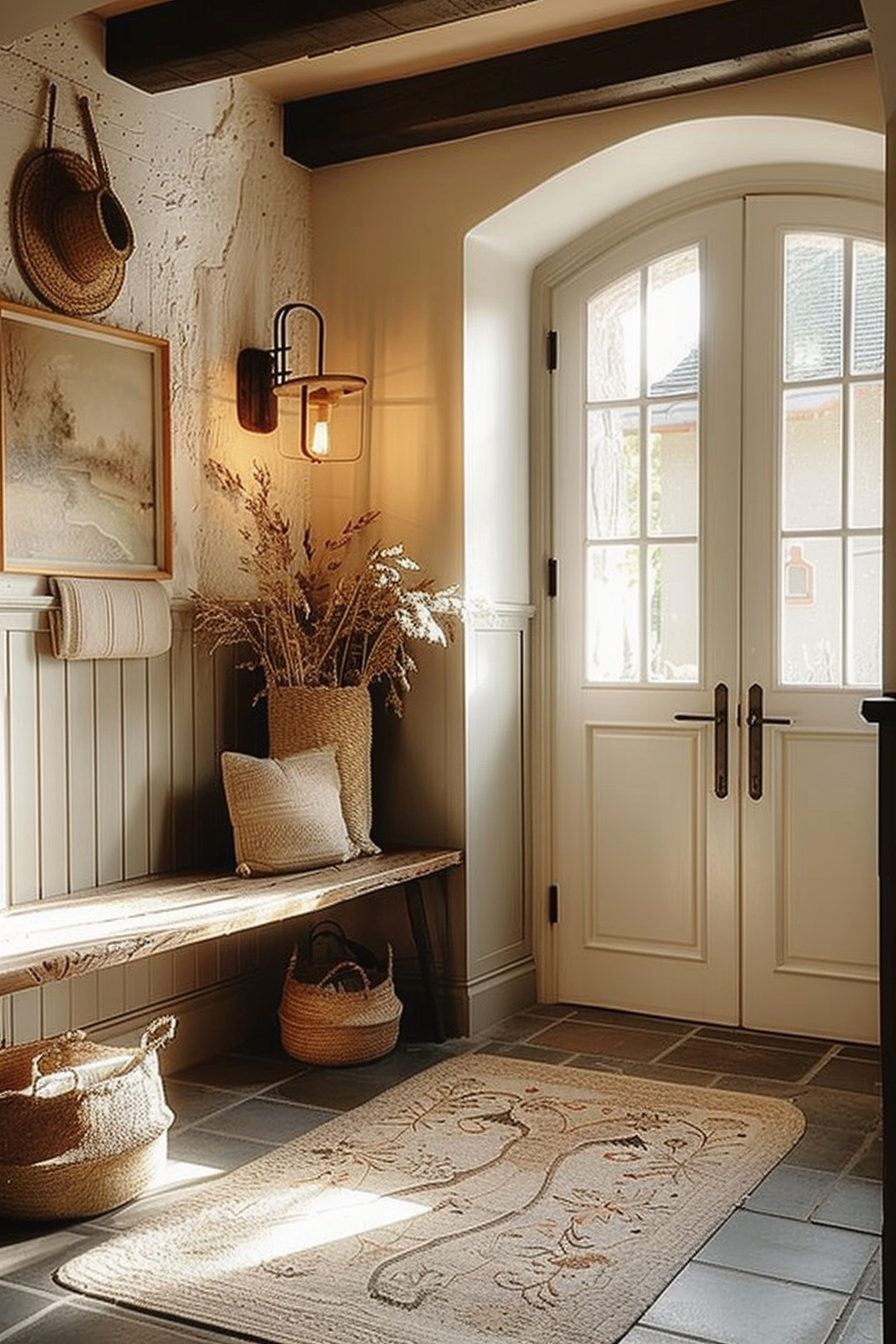 Cozy entryway with arched door, wall art, bench with cushion, hanging lantern, straw baskets, and a decorative rug on tile flooring.