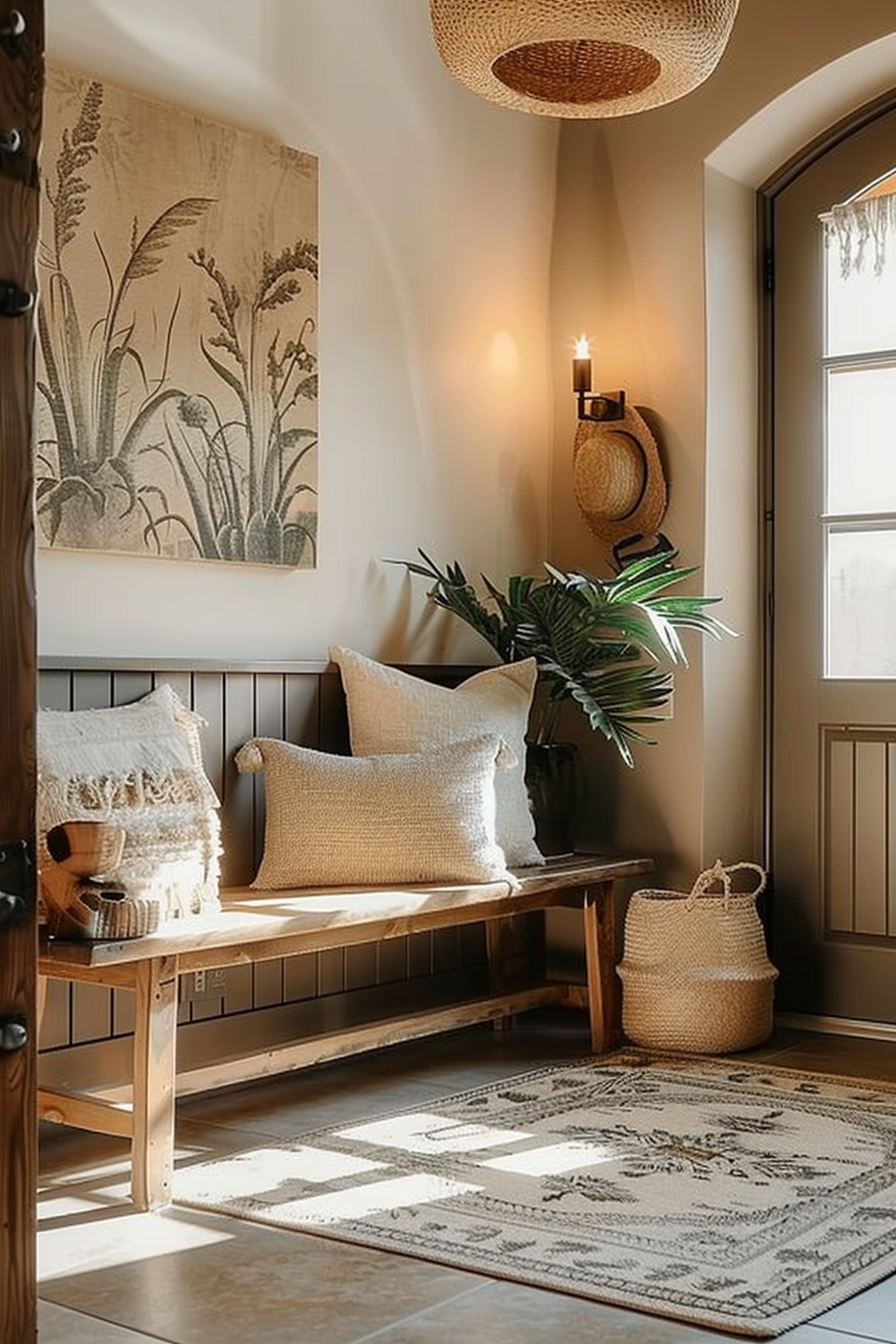 Cozy home entryway with a wooden bench, textured cushions, potted plant, straw hat, rustic wall art, and a woven light fixture.