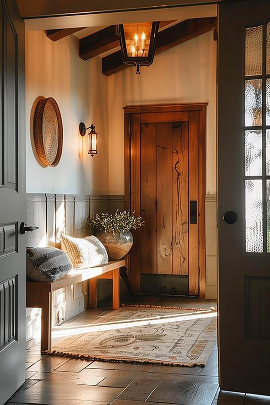 A cozy entryway with warm lighting, wooden door, bench with cushions, woven wall-hanging, and patterned rug.