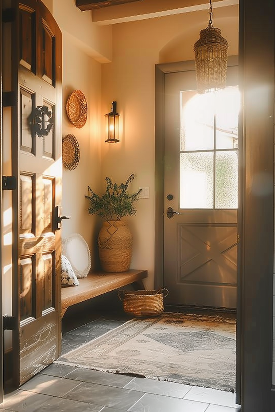 Cozy entryway with an open door, a bench, wicker decorations, wall-mounted lanterns, and a warm, inviting glow from natural light.
