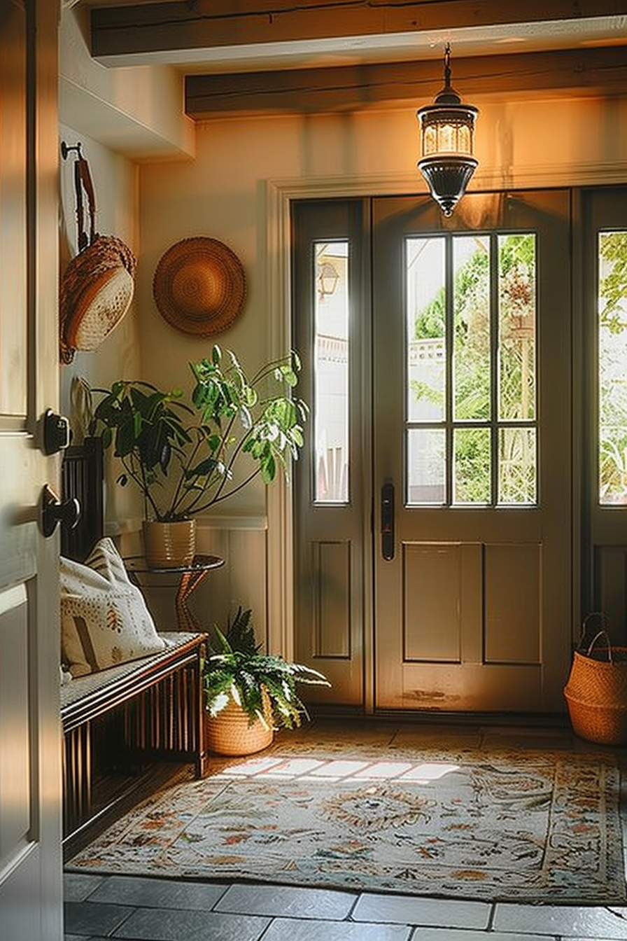 Cozy entryway with a hanging lantern, plants by a windowed door, straw hats on the wall, a bench with a pillow, and a patterned rug.