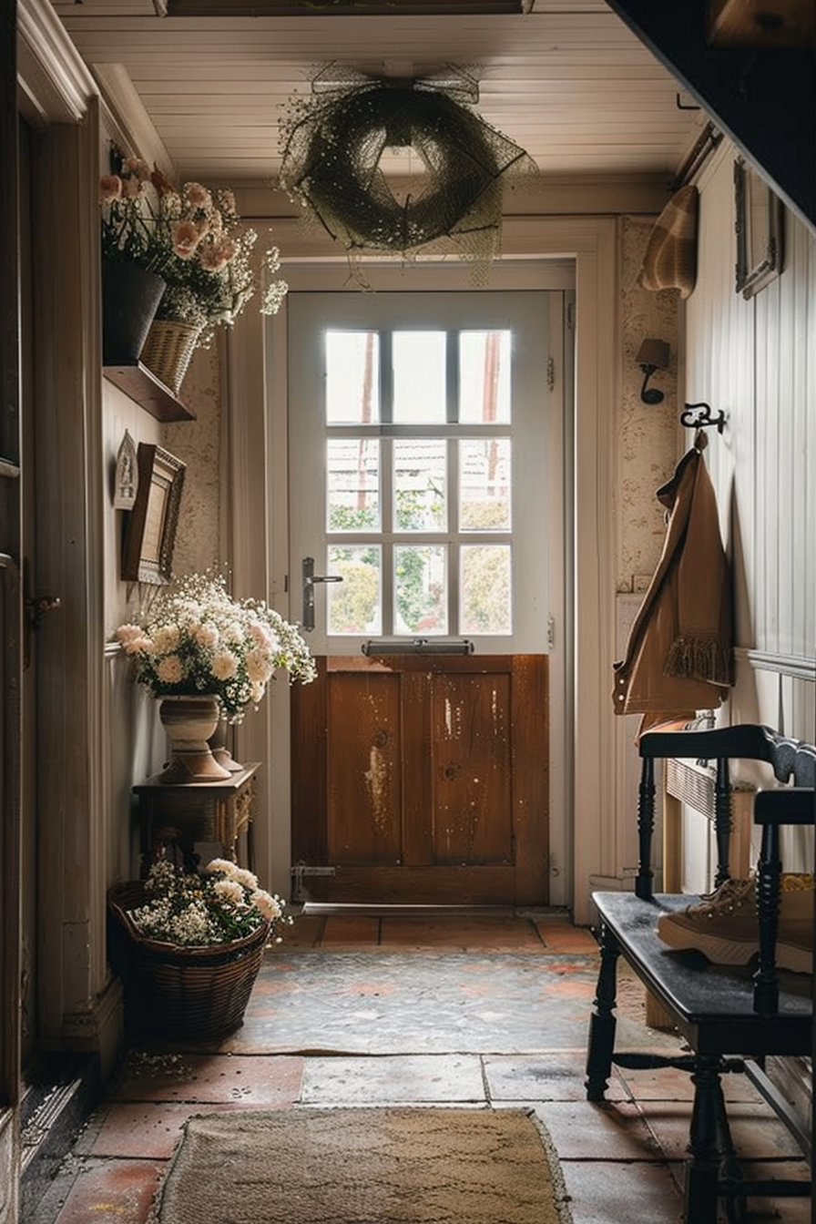 Cozy entryway with flowers in baskets, a bench, coat hooks, and a wooden door half glass with a view of the external world.