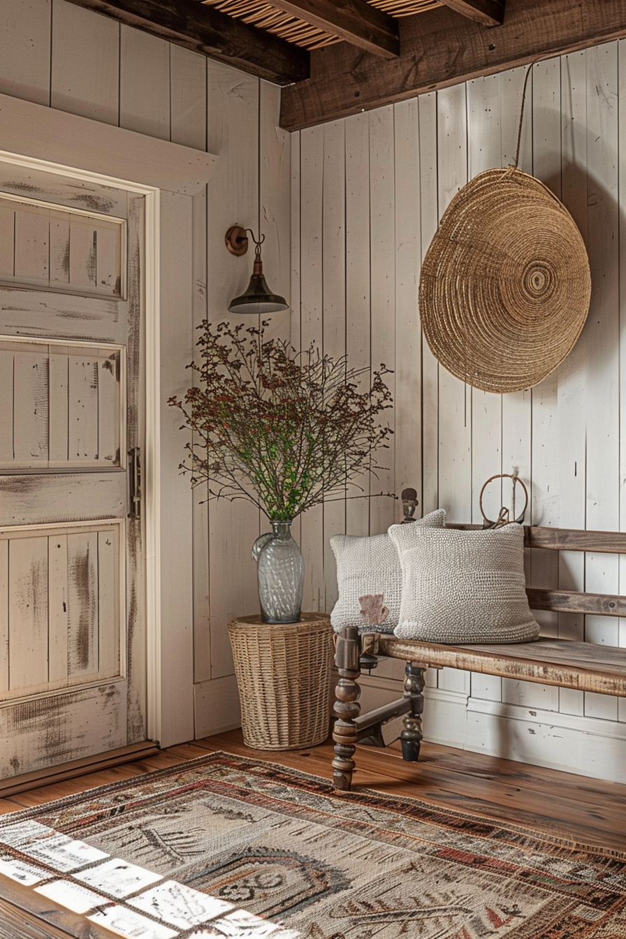 Cozy rustic interior with wooden bench, patterned rug, wicker basket, vase with branches, and a wall-mounted straw hat.