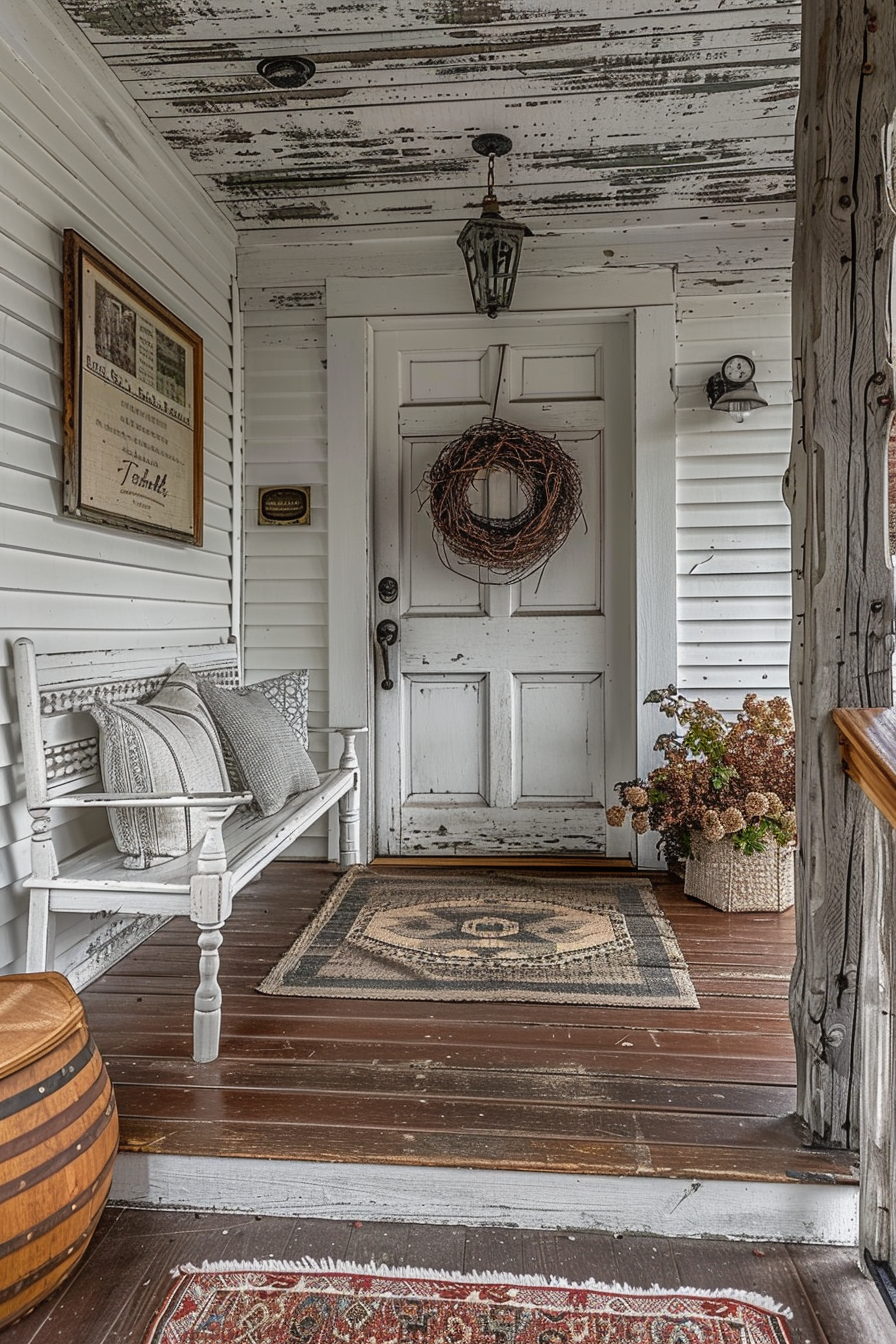 A cozy porch with a white bench, antique lantern, framed wall art, a twig wreath on the door, and vintage rugs on weathered wooden flooring.