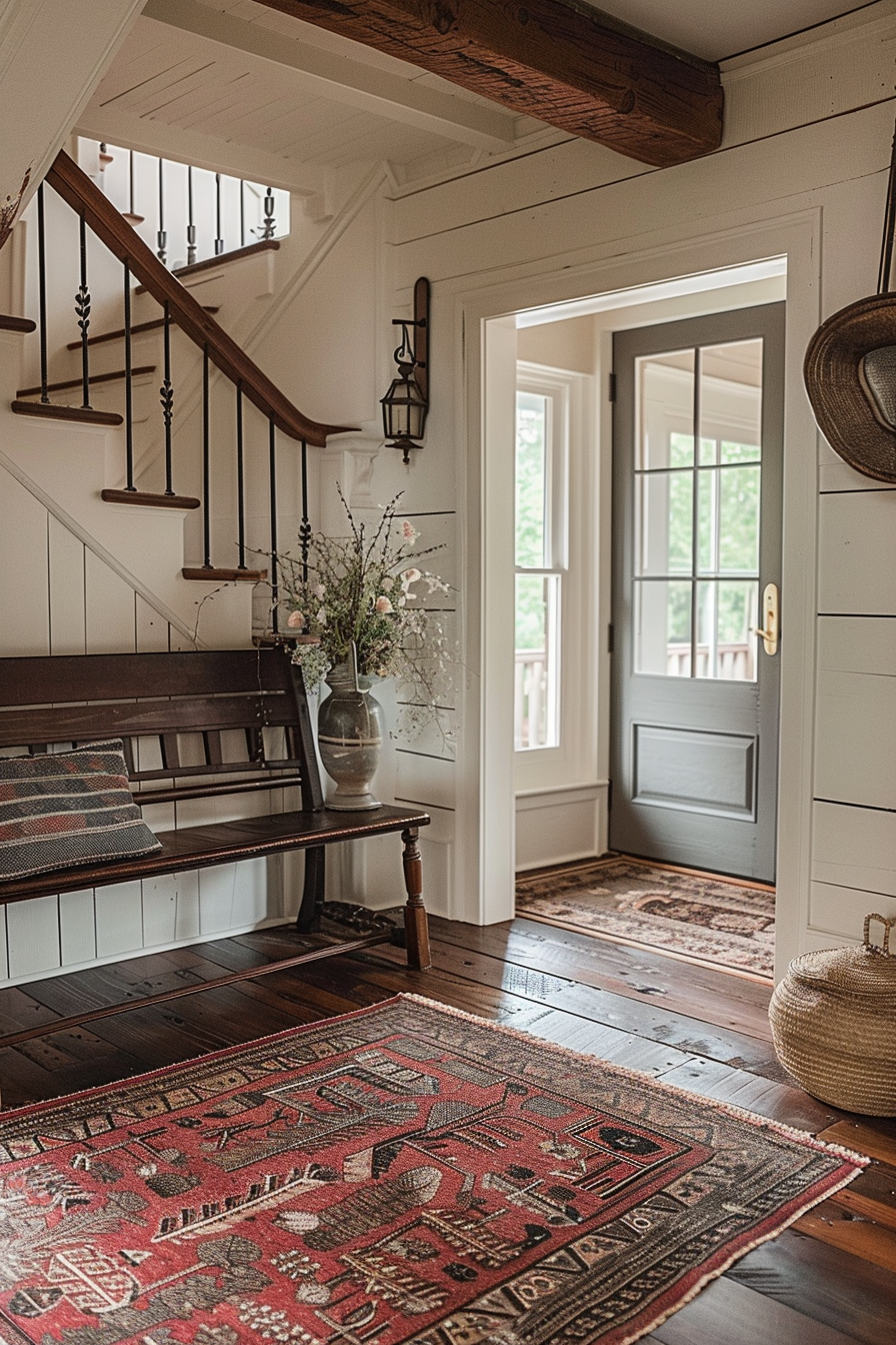 Cozy entryway with a wooden bench, patterned rug, stairway with spindles, and rustic decorative elements, evoking a warm, welcoming ambiance.