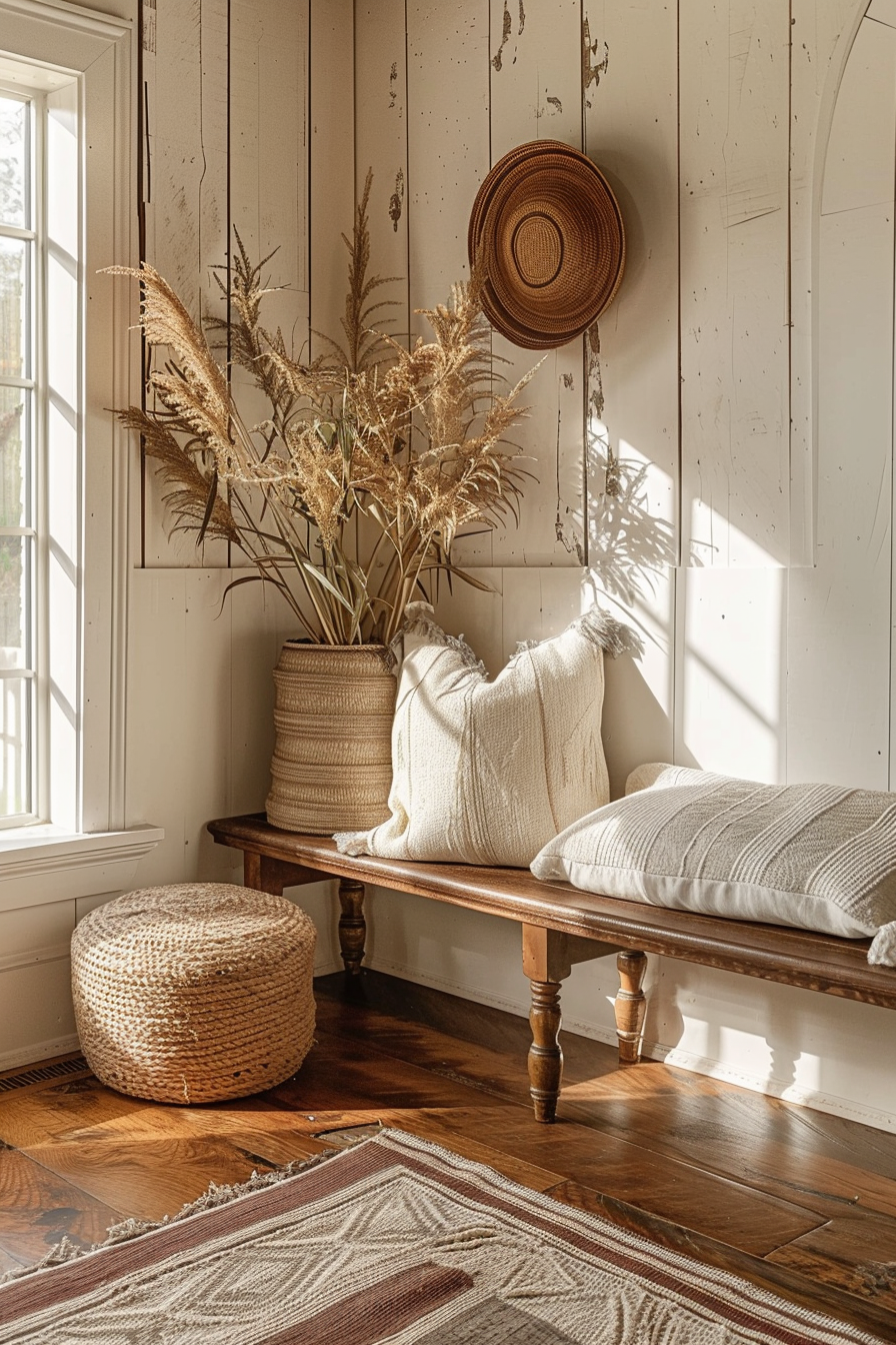 Cozy corner with a wooden bench, woven baskets, pillows, a straw hat on the wall, and sunlight through a window casting shadows.