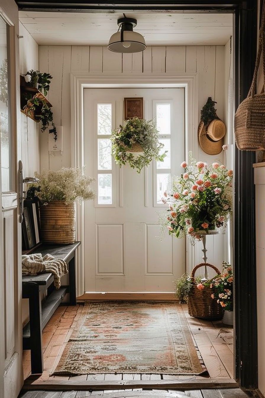 Cozy entryway with white door, vintage rug, decorative flowers, hanging hats, bench, and ceiling light in a rustic home.
