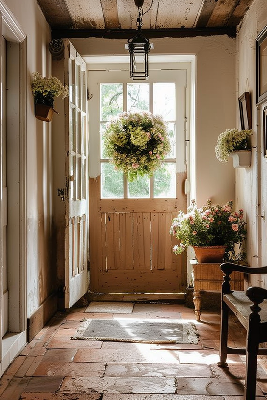 Rustic entryway with terracotta tiles, open wooden door, hanging flower wreath, and plants by the window letting in sunlight.