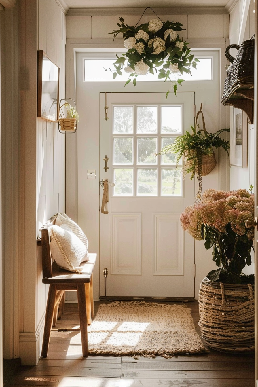 Cozy entryway with a white door and sidelights, wooden chair with cushion, hanging plants, and a warm sunlight.