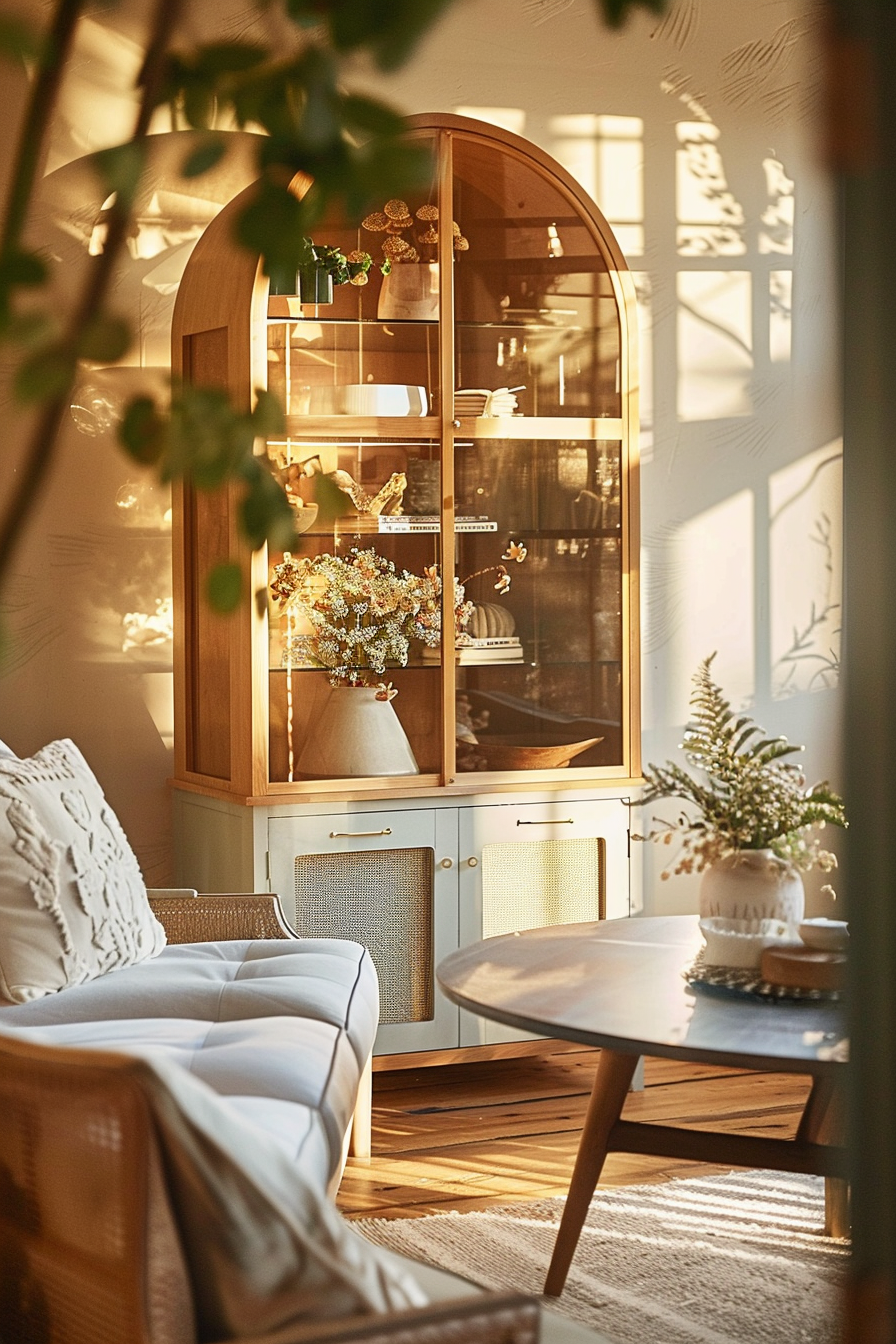 Warmly lit cozy living room corner with a wooden display cabinet, flowers, and a comfortable armchair near a coffee table.