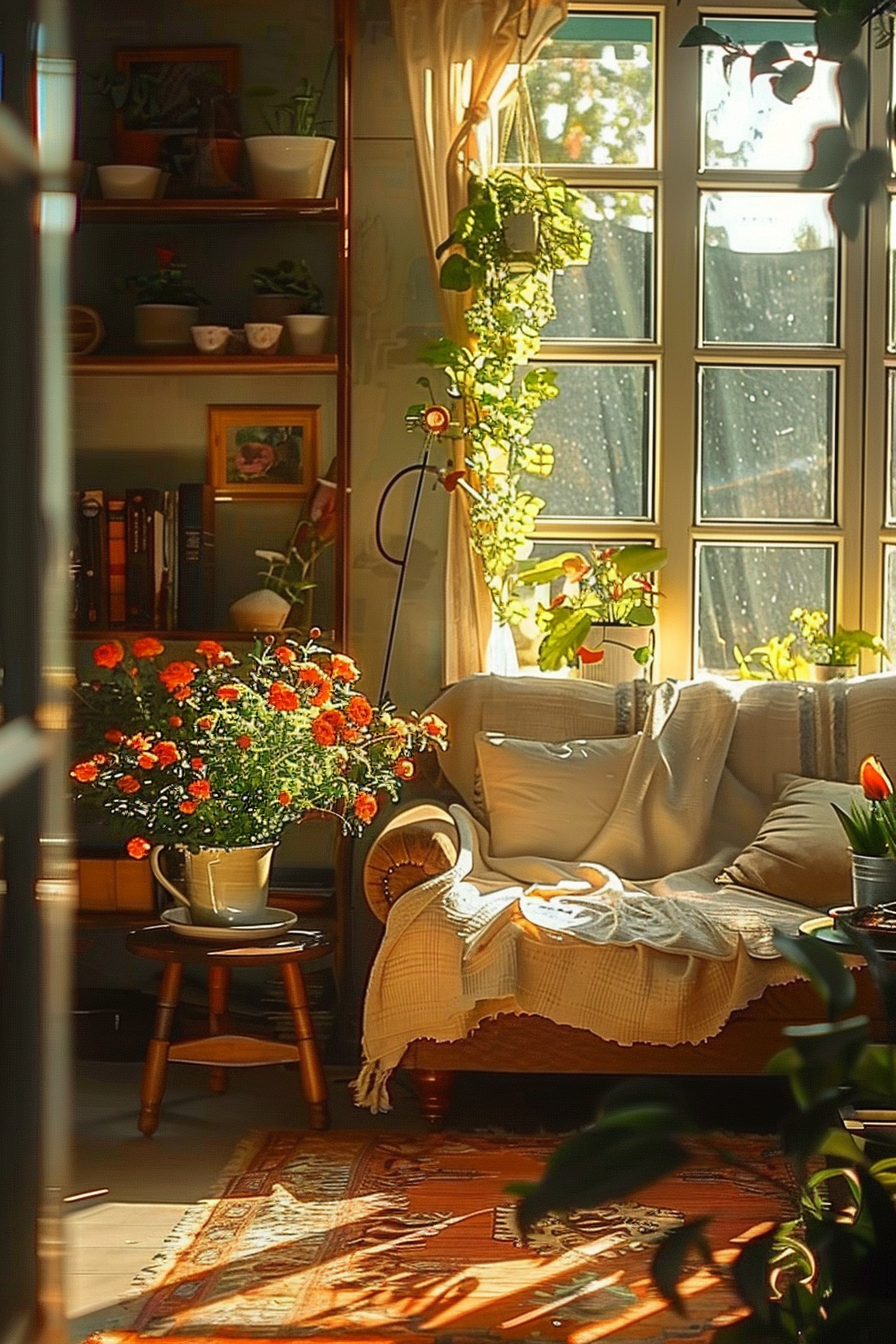 Cozy sunlit room with plants by the window, a sofa with cushions, and a side table with a flowerpot and cup.