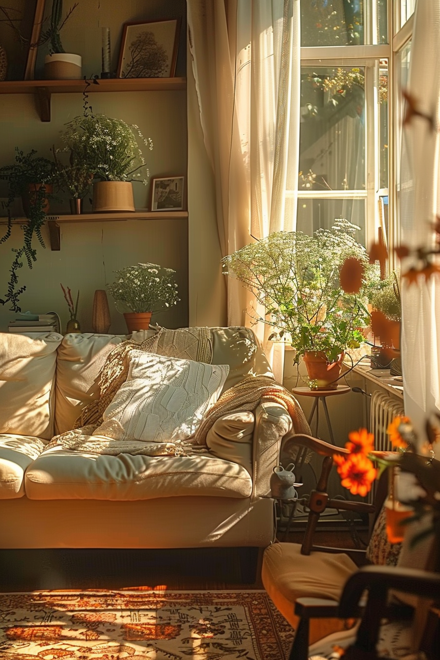 Cozy sunlit living room with plants on shelves, a comfy sofa with cushions, and light curtains by a window.