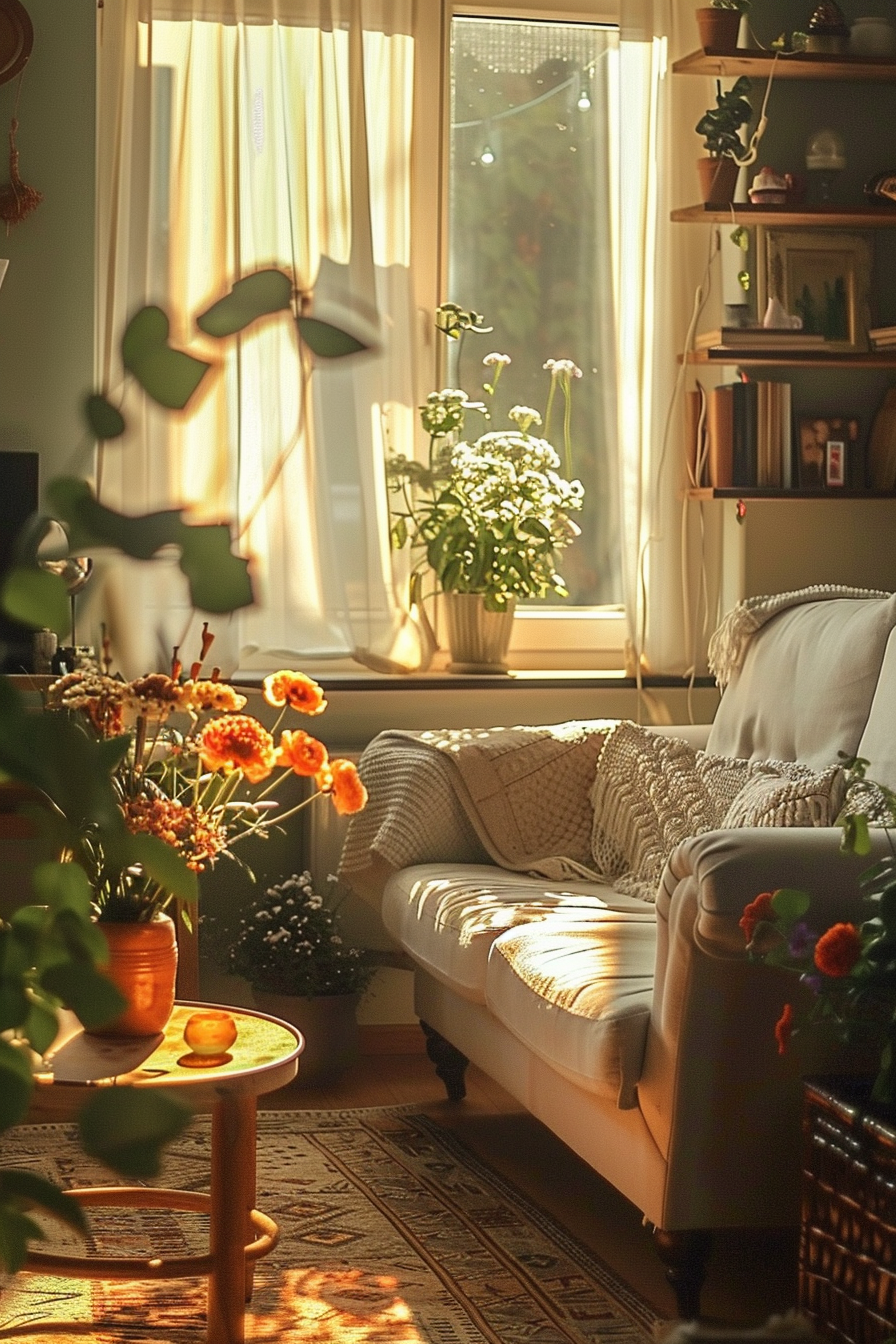 Cozy living room bathed in warm sunlight with plants by the window, a comfy sofa, and a small side table.