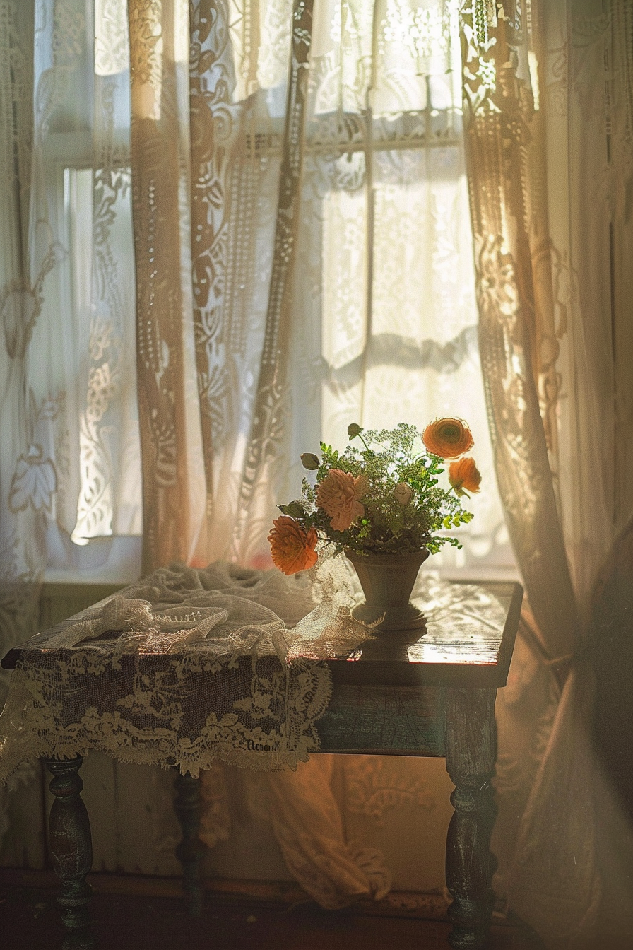 A vintage wooden table with a vase of orange flowers, draped with lace, by a window with sunlight filtering through sheer curtains.