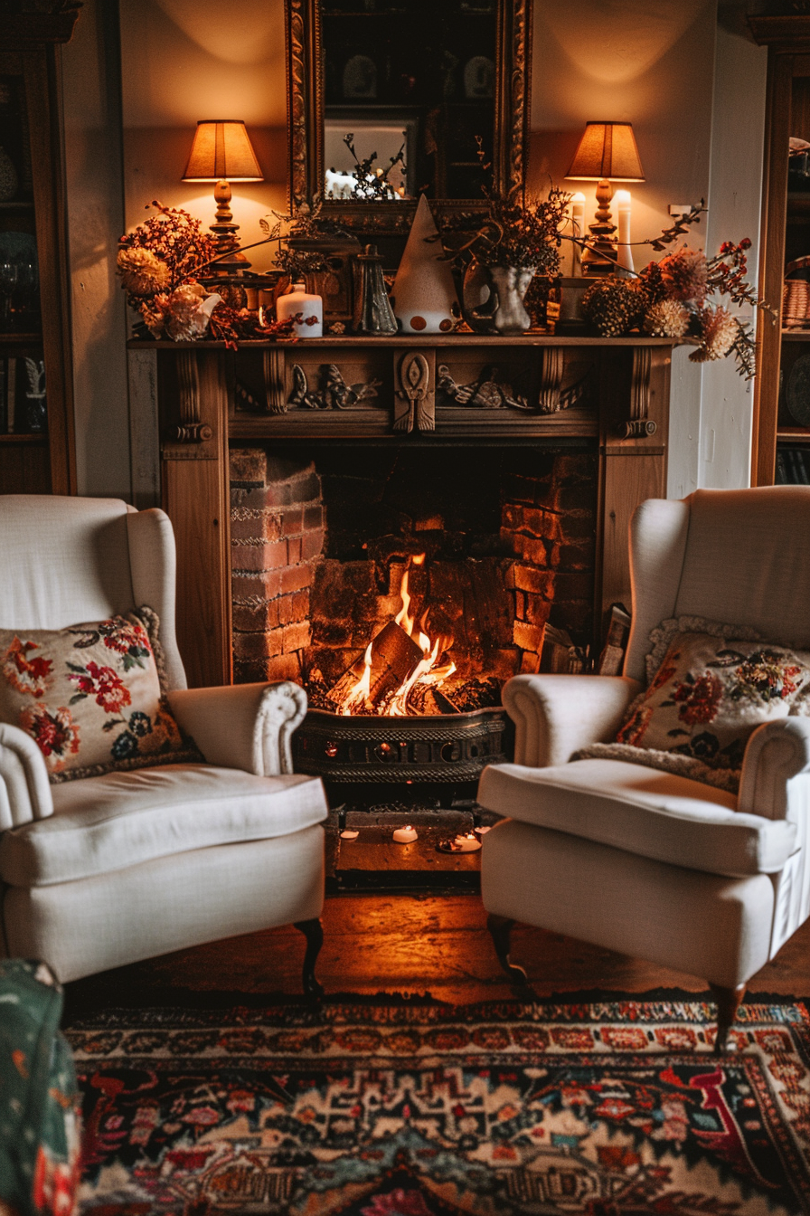 Cozy living room with two armchairs, a lit fireplace, and a mantel adorned with decorative items and a lamp.