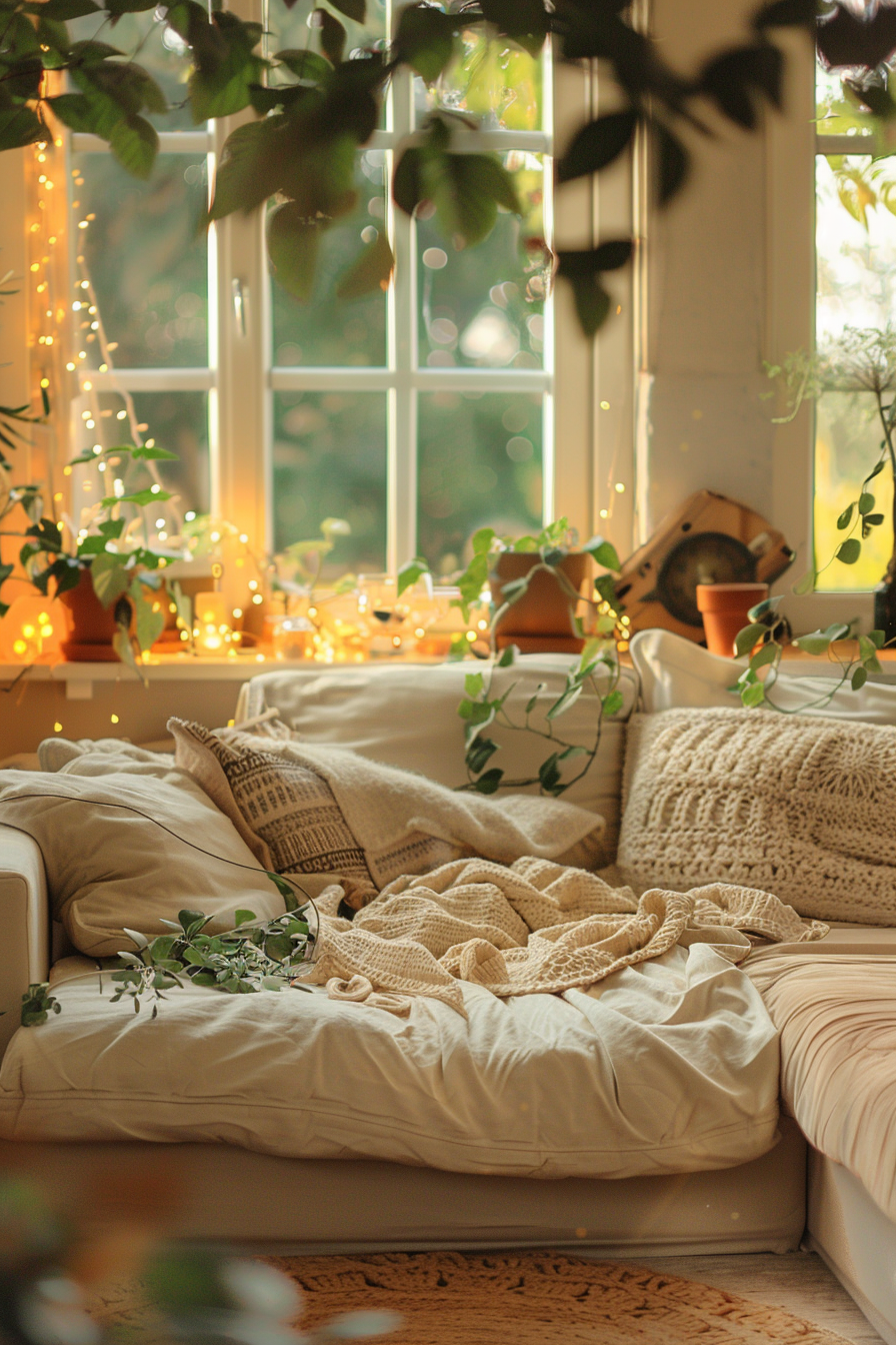 A cozy nook with a bed surrounded by plants and fairy lights, creating a warm, inviting atmosphere.