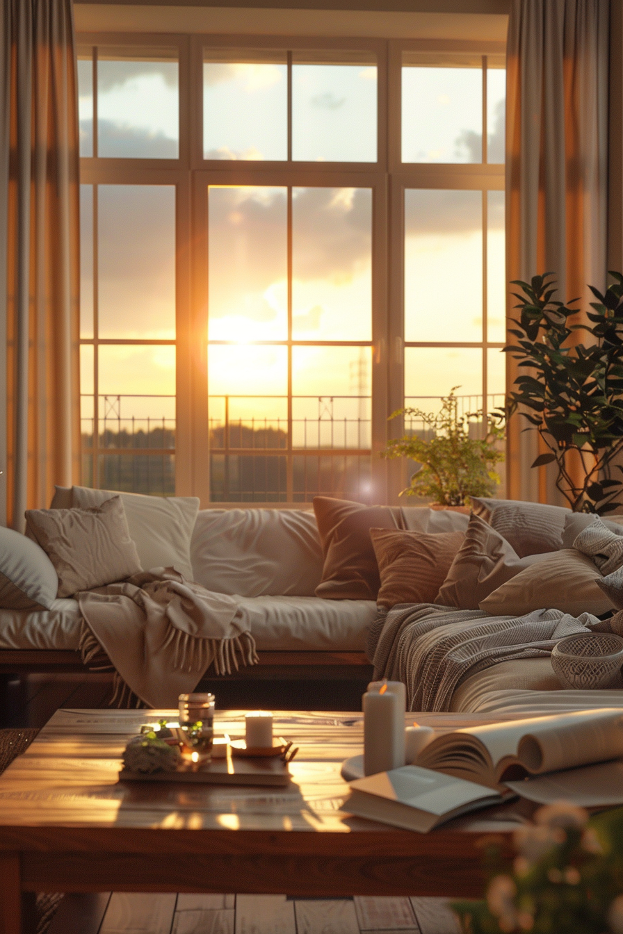 Cozy living room at sunset with large windows, comfortable sofa, pillows, a coffee table with books, candles, and a warm golden light.