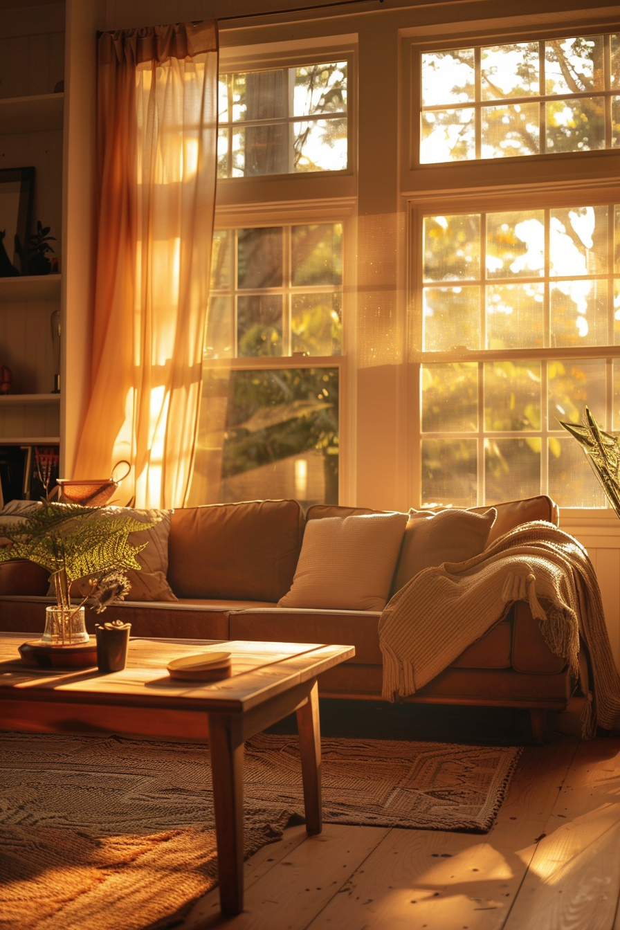 Cozy living room bathed in warm sunlight with a comfortable couch, sheer curtains, and wooden furniture.