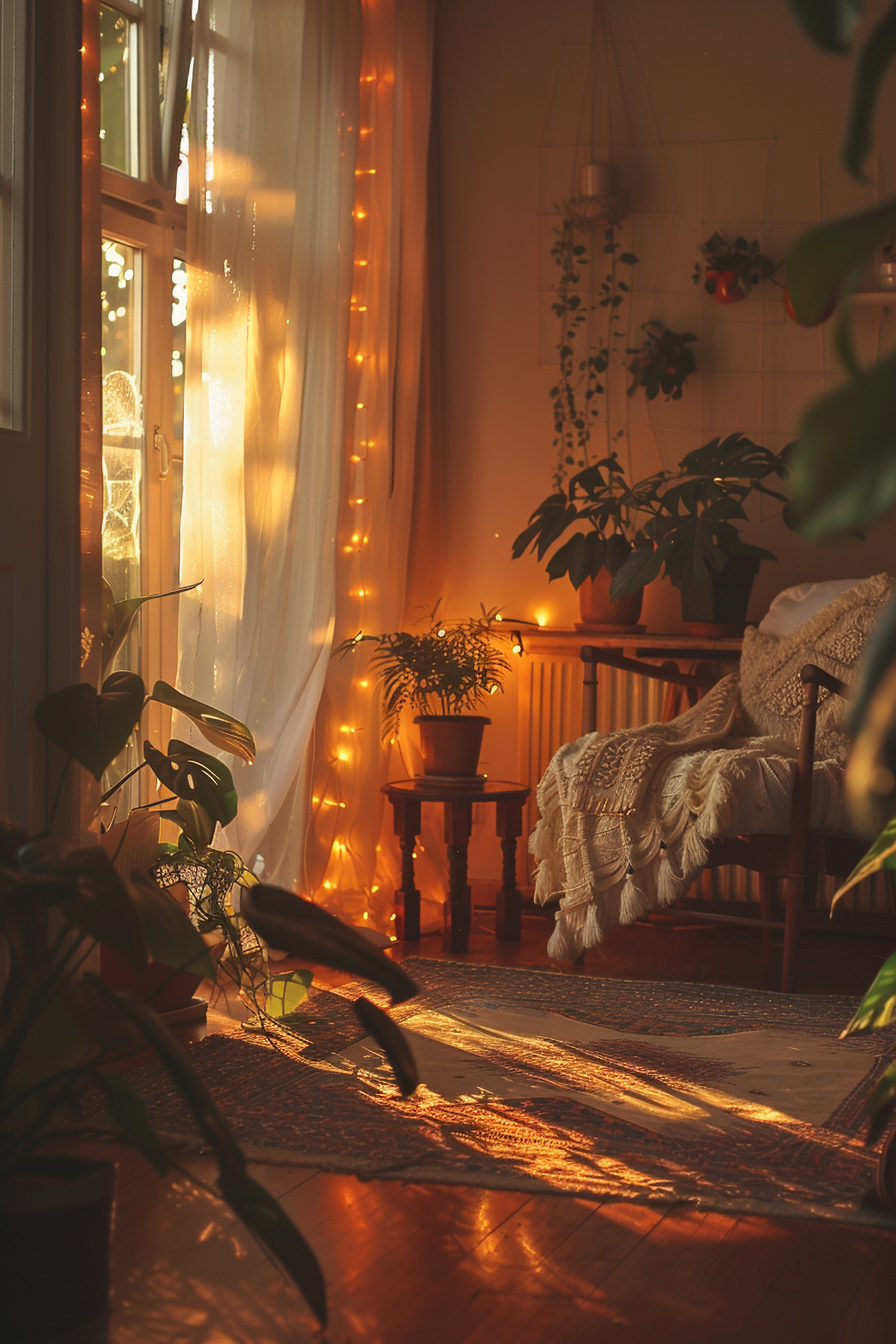 Cozy room with warm glowing lights, plants, a comfy chair with a throw blanket, and sunlight casting patterns on the floor.