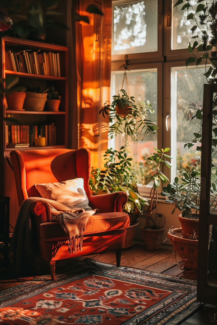 Cozy corner with a red armchair, throw blanket, bookshelf, potted plants, and warm sunlight filtering through the window.