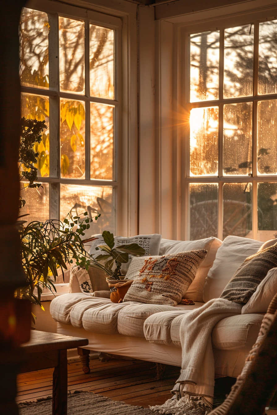 Cozy room with sunlight streaming through a window onto a couch with cushions and houseplants during sunset.
