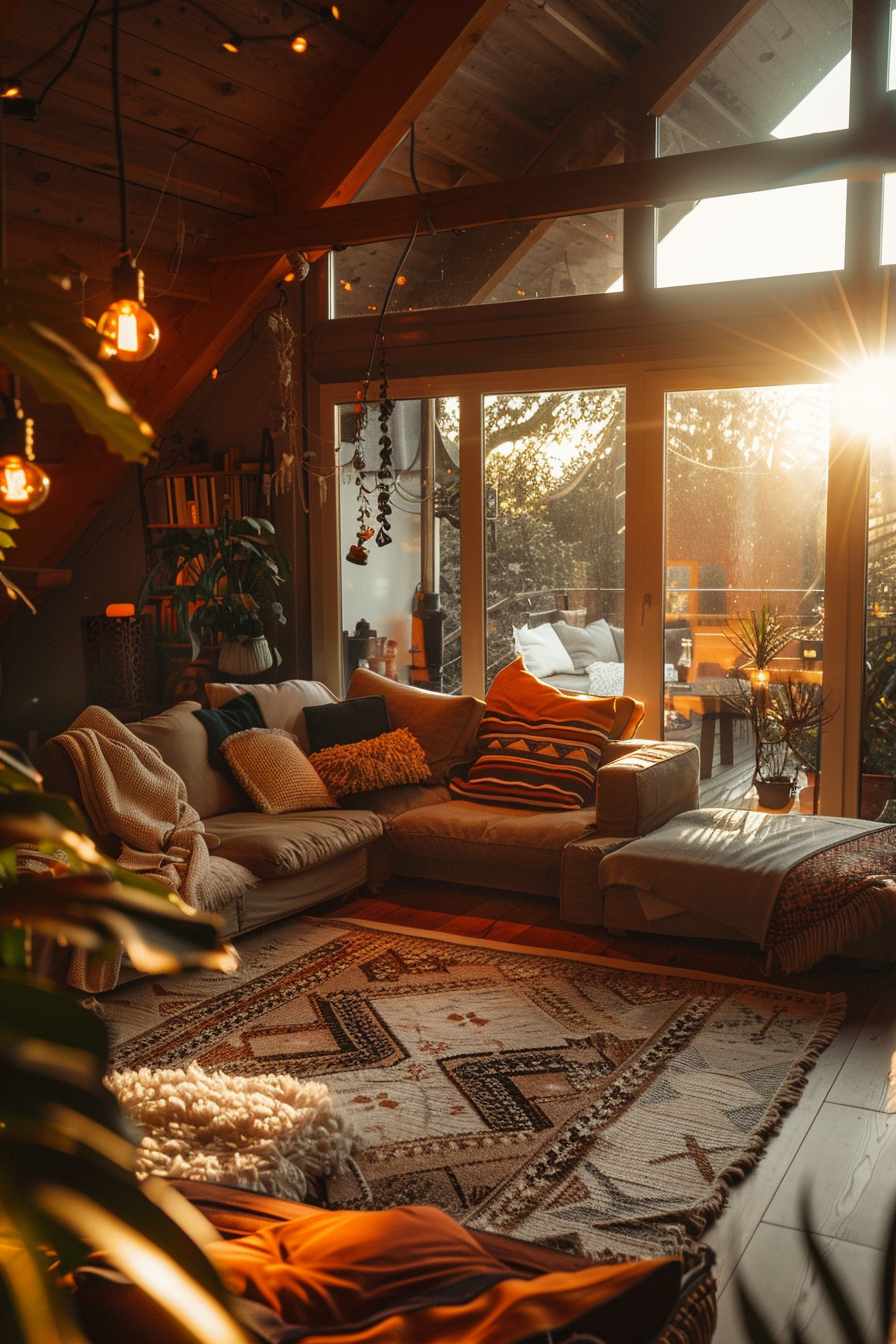 Cozy living room at sunset with warm lighting, comfortable couches, plants, and a patterned rug.
