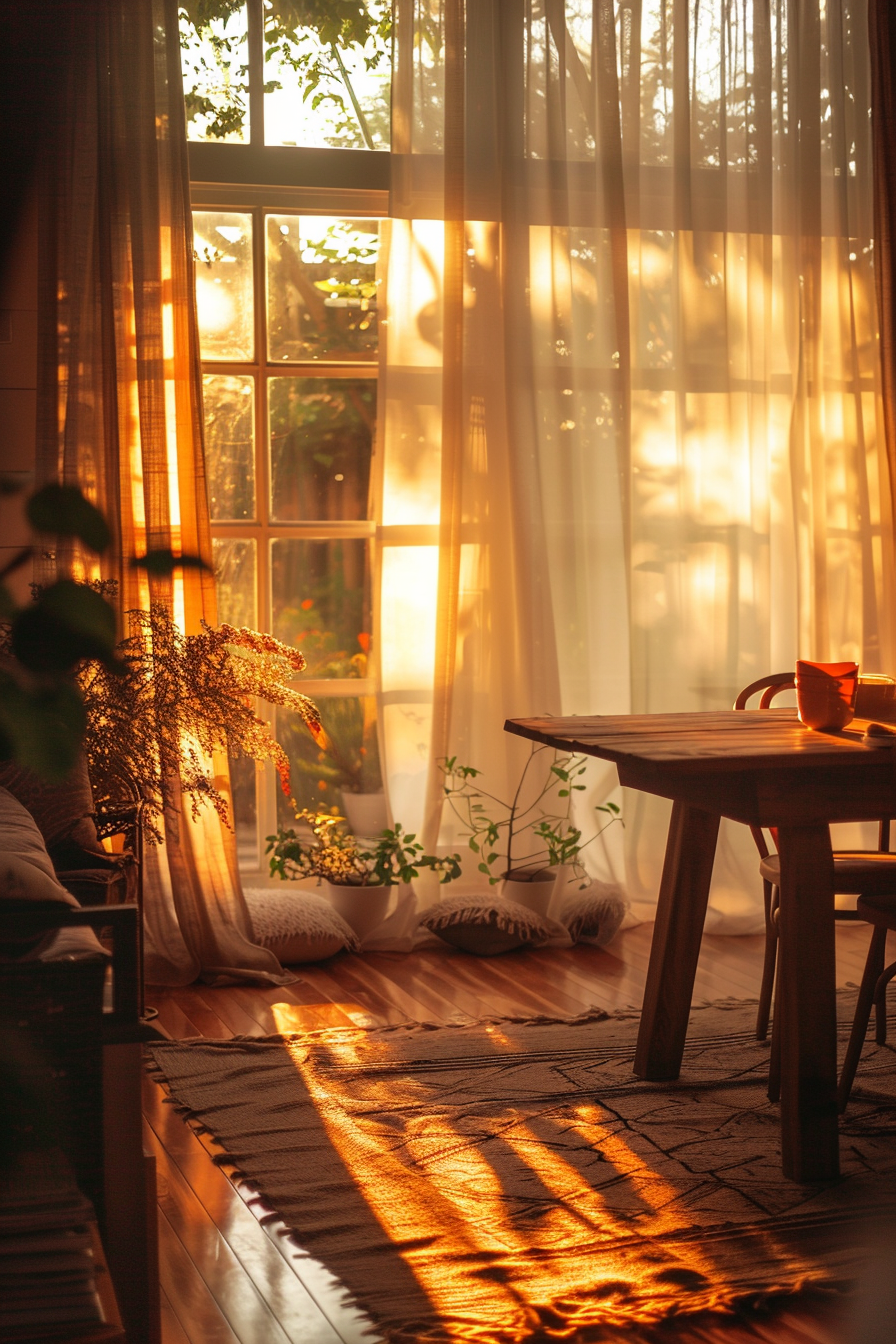 Cozy room at sunset with warm light pouring through sheer curtains, casting shadows on a wooden floor with a table and plants.