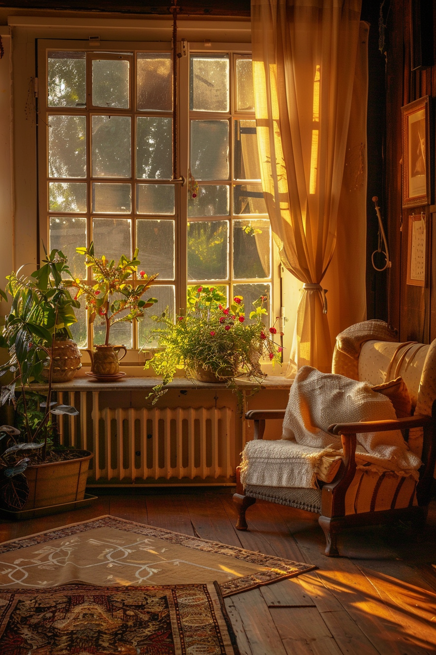 Cozy room with warm sunlight streaming through a window, highlighting plants and a comfortable armchair with a throw blanket.