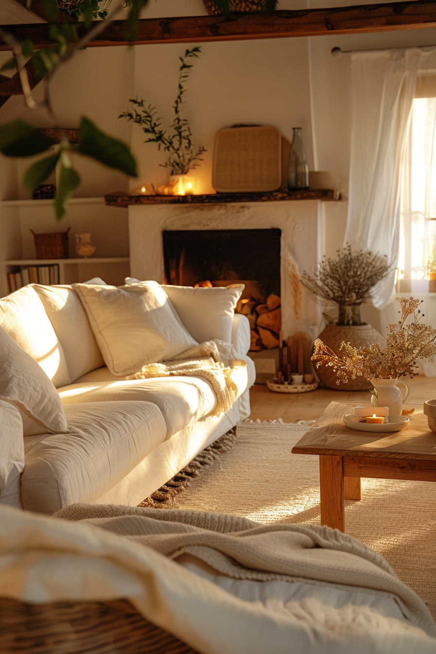 Cozy living room with white sofa, lit fireplace, candles, and warm lighting.